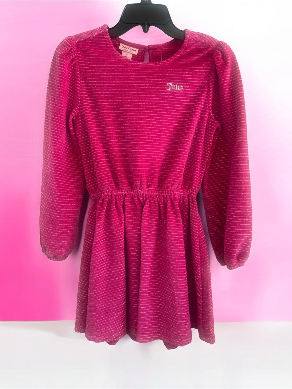 Juicy Couture Girls' Hot Pink Ribbed Velvet Party Dress